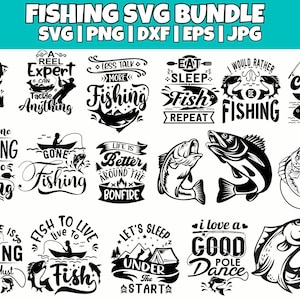 Könnte beinhalten: Ein Schwarzweiß-Grafikdesign-Paket mit 12 SVG-Dateien zum Thema Angeln. Die Designs zeigen verschiedene angelnbezogene Zitate und Illustrationen, darunter Fische, Angelruten und Boote. Der Text enthält Sätze wie "Möge der Fisch mit dir sein", "Ich bin mit dem Erwachsenwerden fertig, lass uns angeln gehen", "Das Leben ist besser am Lagerfeuer", "Der See ruft und ich muss gehen", "Fischen, um zu leben, um zu fischen", "Lass uns unter dem Start schlafen", und "Ich liebe einen guten Pfosten-Tanz".