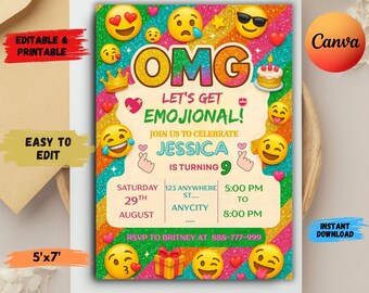 May include: Colorful birthday party invitation with emoji graphics. The invitation features the text "OMG Let's Get Emojional!" and details for a party celebrating Jessica's 9th birthday. The invitation is 5'x7' and is editable and printable.
