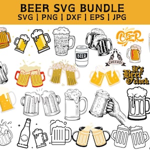 以下が含まれることがあります： さまざまなスタイルのビールジョッキ、グラス、ボトルのベクターイラスト20点セット。イラストは白黒とカラーで、"ビール"、"乾杯！"、"ビールの時間です"などのテキストが含まれています。