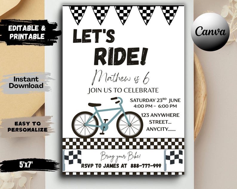 May include: A white invitation with black text that reads "Let's Ride!" and "Join us to celebrate". It features a light blue bicycle graphic and checkered flag accents. The invitation is for a birthday party.