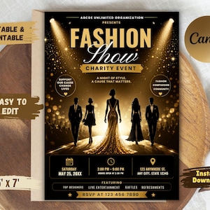 Może przedstawiać: Czarno-złota ulotka na charytatywny pokaz mody. Ulotka przedstawia sylwetki ludzi na wybiegu z napisem "Fashion Show Charity Event". Ulotka ma wymiary 152,4 cm x 213,36 cm i jest edytowalna i do wydruku.