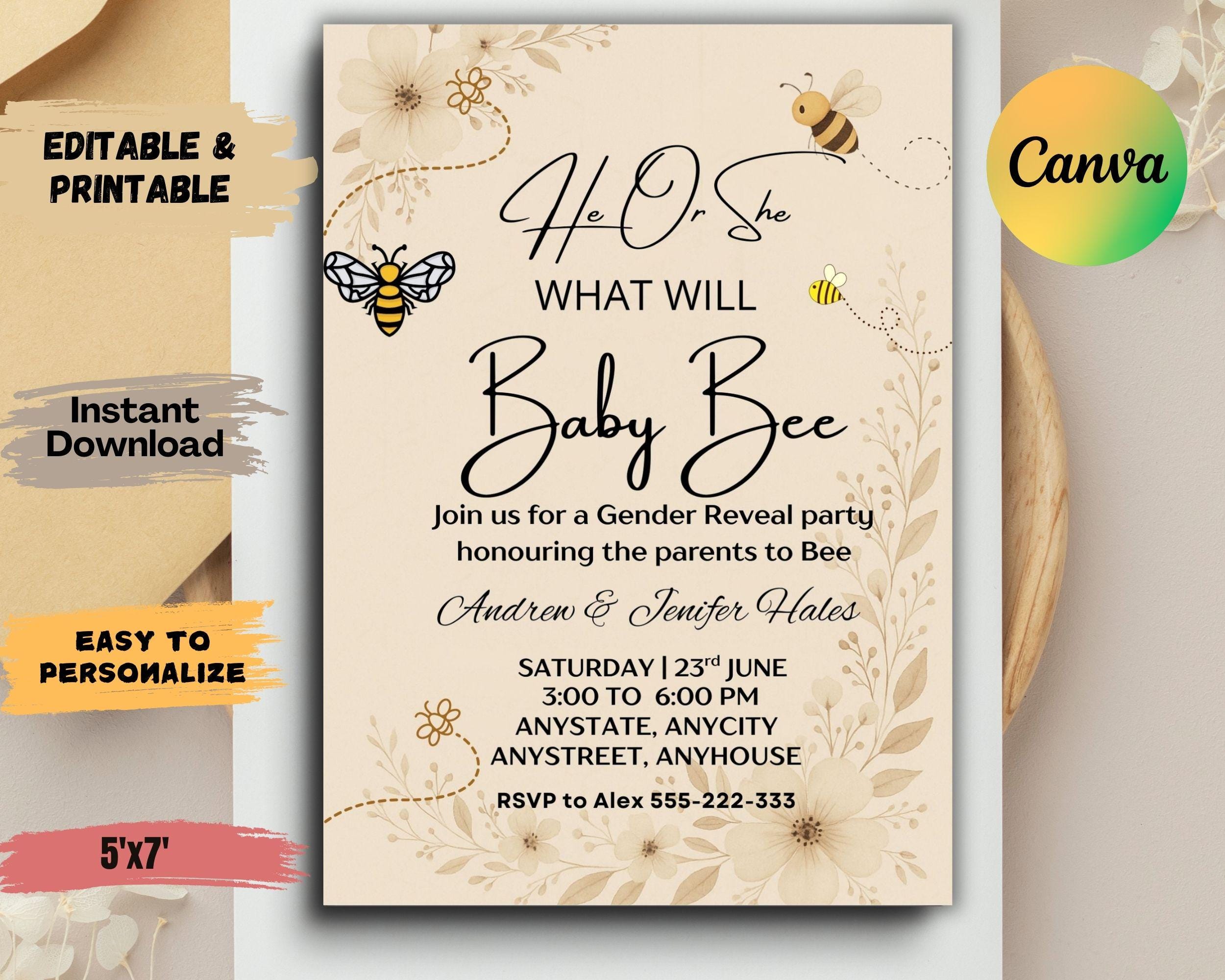 Editable Honey Bee Gender Reveal Invitation What Will Baby Bee Invite ...