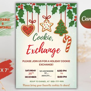 Könnte beinhalten: Eine festliche Weihnachtseinladung mit dem Schriftzug "Cookie Exchange" in roter Schrift. Das Design umfasst hängende Lebkuchen, Stechpalmen und den Text "Editable & Printable". Die Einladung ist 152cm x 213cm groß und enthält Veranstaltungsdetails.