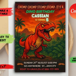 Editable Dinosaur Birthday Party Invitation Template, Dinosaur Birthday Invitation, Dinosaur Invitation, Dinosaur thank you tag