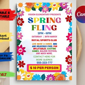 Spring Fling School Flyer Invitation, Editable Spring Fling Festival Fundraiser Template, Editable PTO PTA School Dance Event