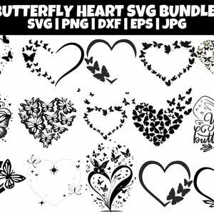 Op de afbeelding: Een digitaal downloadpakket met 12 zwart-witte SVG-bestanden met vlinderhartontwerpen. De ontwerpen omvatten harten gemaakt van vlinders, harten met vlinders en een hart met de tekst "You give me butterflies".