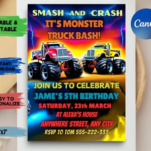Könnte beinhalten: Eine farbenfrohe Einladung zu einer Monstertruck-Geburtstagsparty. Die Einladung zeigt zwei Monstertrucks, einen roten und einen gelben, mit dem Text "Smash and Crash It's Monster Truck Bash!" und "Join us to celebrate Jame's 5th Birthday Saturday, 23rd March at Alexa's House Anywhere Street, Any City RSVP to Tom 555-222-333".