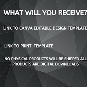 May include: A digital graphic with the text "WHAT WILL YOU RECEIVE?" in white. The graphic lists a link to a Canva editable design template, a link to a print template, and states that no physical products will be shipped, only digital downloads.