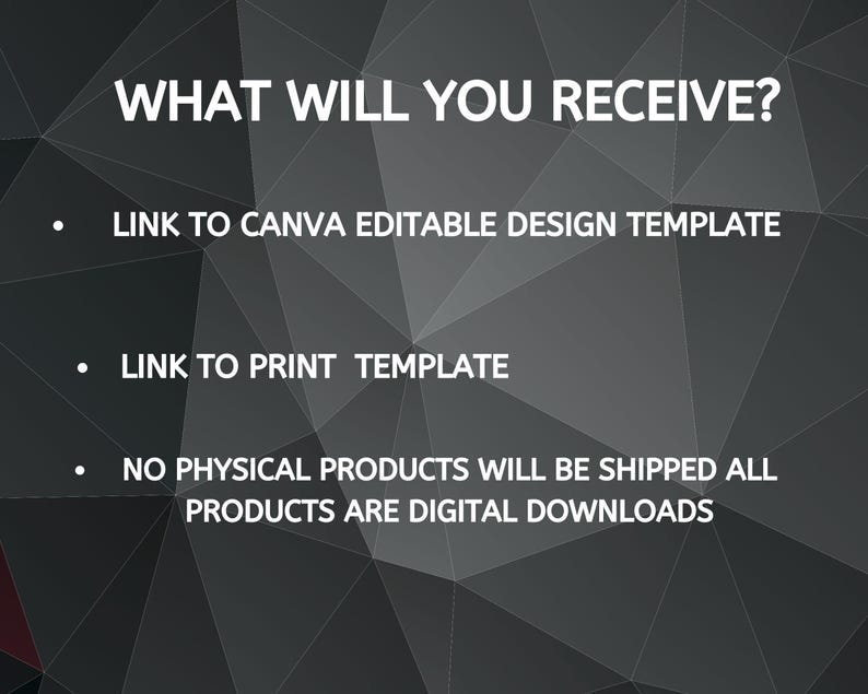 May include: A digital graphic with the text "WHAT WILL YOU RECEIVE?" in white. The graphic lists a link to a Canva editable design template, a link to a print template, and states that no physical products will be shipped, only digital downloads.