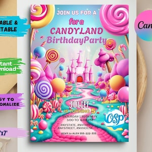 May include: A pink and blue Candyland themed birthday party invitation featuring a castle, candy canes, lollipops, and a path leading to the castle. The text on the invitation reads "Join us for a Candyland Birthday Party" and "Juliet is turning 5".