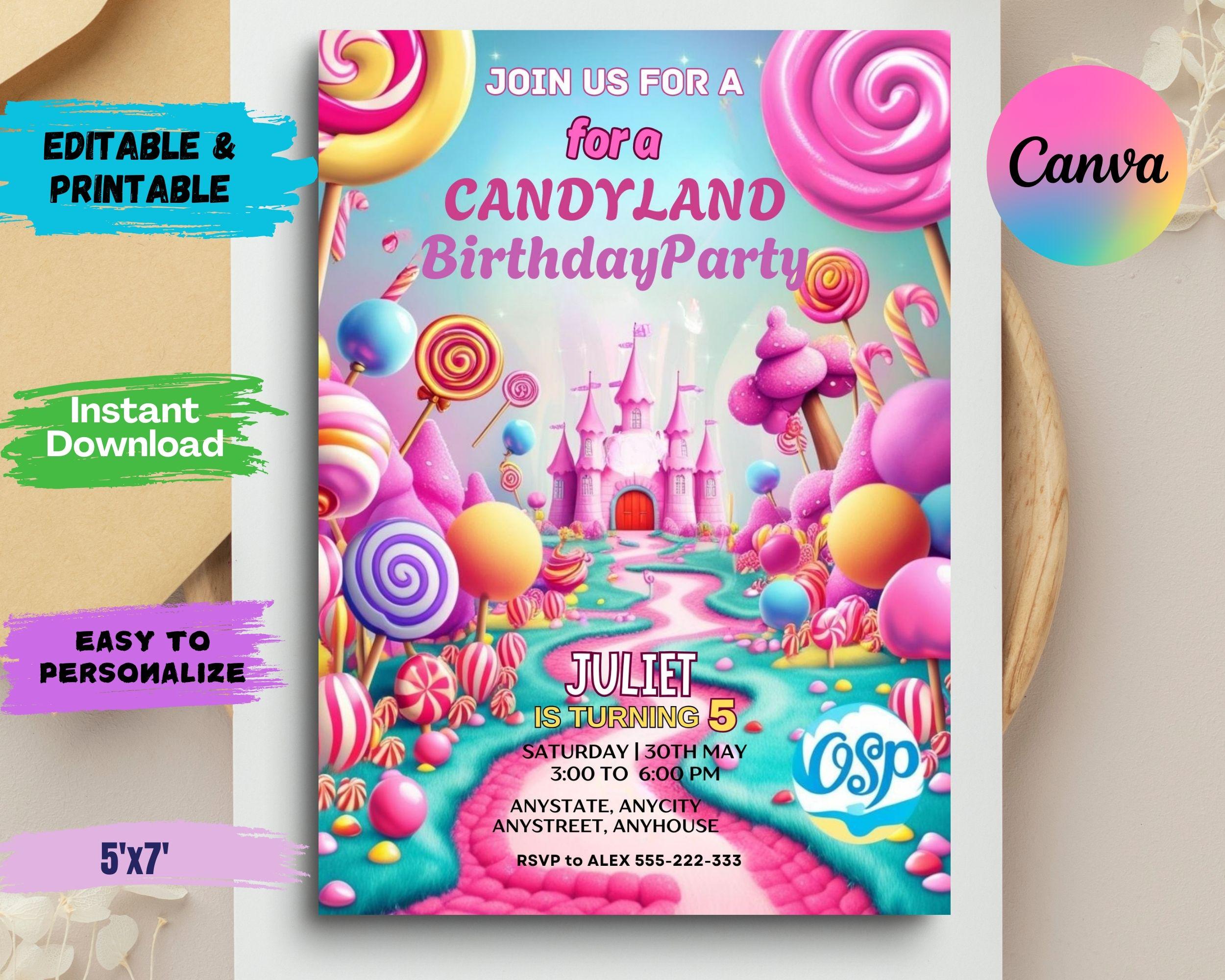 Editable Sweet Celebration Birthday Invitation, Candy Land Invitation, Candy Birthday Party Invitation, Candyland, Printable Canva Template
