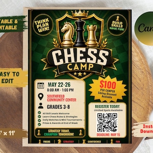 Könnte beinhalten: Ein grünes und goldenes Schachcamp-Plakat mit Schachfiguren, Text und einem QR-Code. Das Plakat enthält den Text "Think Plan Win!" und "Build Skills Have Fun!". Es gibt auch "Grades 3-8" und "Deadline: May 15".