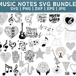 May include: A set of 30 black and white music note SVG designs. The designs include musical notes, treble clefs, bass clefs, hearts, guitars, and other music-related imagery. The text "Music in my Head" is included in one of the designs.