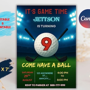 Golf Birthday Invitation, Let&#39;s Par Tee Golf Birthday Invite, Golf Birthday Party Invites, Editable 5x7 Canva Template, Printable Template