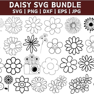 May include: A set of 25 black and white daisy SVG cut files. The daisies are in various styles, including single daisies, bouquets, and daisies with smiley faces. The text "DAISY SVG BUNDLE" and "SVG | PNG | DXF | EPS | JPG" is at the top of the image.
