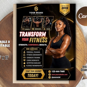 Könnte beinhalten: Eine schwarz-goldene Fitness-Flyervorlage mit dem Text Transform Your Fitness, Strength, Confidence, Results und Our Services. Sie enthält ein Foto einer Person in Sportkleidung, Trainingssymbole und Platzhalter für Kontaktdaten.