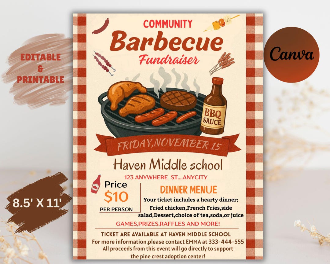 Editable BBQ Dinner Fundraiser Flyer Ticket, PTA PTO School Church ...