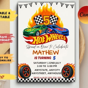 Editable Hot Wheels Birthday Party Invitation, Hot Racing Cars Birthday Invite, Hot Wheels Race Car Birthday Party Template, Canva Editable