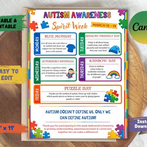 Könnte beinhalten: Ein farbenfrohes, druckbares Poster zur Autism Awareness Spirit Week mit täglichen Themen wie Blue Monday und Rainbow Day. Das Poster enthält den Text "Autismus definiert uns nicht, nur wir können Autismus definieren!" und misst 21,6 x 27,9 cm.