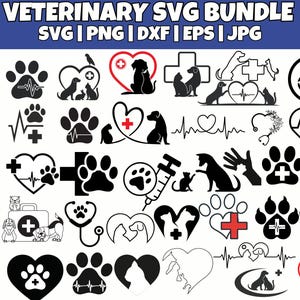 以下が含まれることがあります： 獣医をテーマにしたアイコンの白黒ベクターイラスト30個のセット。アイコンには、足跡、ハート、聴診器、獣医ケアに関連するその他のシンボルが含まれています。画像の上部には、「VETERINARY SVG BUNDLE」と「SVG | PNG | DXF | EPS | JPG」のテキストがあります。