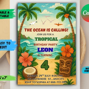 Könnte beinhalten: Tropische Geburtstagseinladung mit Palmen, Meereswellen und einer Tiki-Maske. Der Einladungstext enthält "The Ocean is Calling!", den Namen "Leon" und die Zahl "4". Die Größe beträgt 152.4cm x 213.36cm.