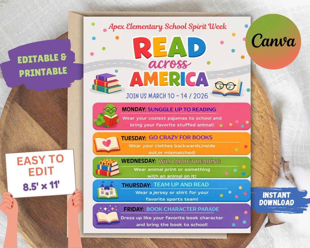 Reading Program Pto Reading America School Spirit Week Flyer Template | Editable Reading ...