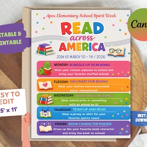 Könnte beinhalten: Ein farbenfrohes Plakat für die Apex Elementary School Spirit Week, zum Thema "Read Across America", mit den Daten 10.-14. März 2026. Das Design umfasst Text und Grafiken für das Thema jedes Tages. Das Plakat ist 21,59 cm x 27,94 cm groß.