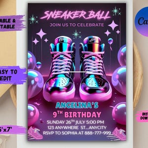 Könnte beinhalten: Eine lebendige Einladung für einen "Sneaker Ball" mit zwei stilisierten High-Top-Sneakern in Pink, Türkis und Lila. Der Text enthält "Join Us to Celebrate" und Details für Angelinas 9. Geburtstag, mit einer Größe von 152cm x 213cm.