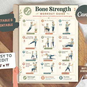 Könnte beinhalten: Ein Knochenstärkungs-Trainingsleitfaden-Poster mit zwölf illustrierten Übungen für gesundes Altern. Das Dokument enthält Textbeschriftungen für jede Bewegung, wie Wall Push-Up und Bird Dog, und gibt ein editierbares Format von 21,6 cm mal 27,9 cm an.