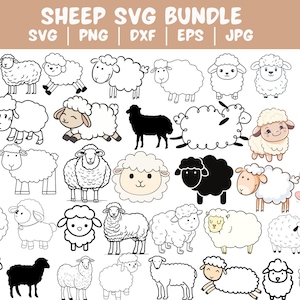 Könnte beinhalten: Ein Set mit 30 schwarzen und weißen Schaf-SVG-Schneidedateien. Die Schafe befinden sich in verschiedenen Posen, darunter stehend, sitzend und liegend. Die Dateien sind perfekt zum Erstellen von Bastelarbeiten, Scrapbooking und anderen Projekten.