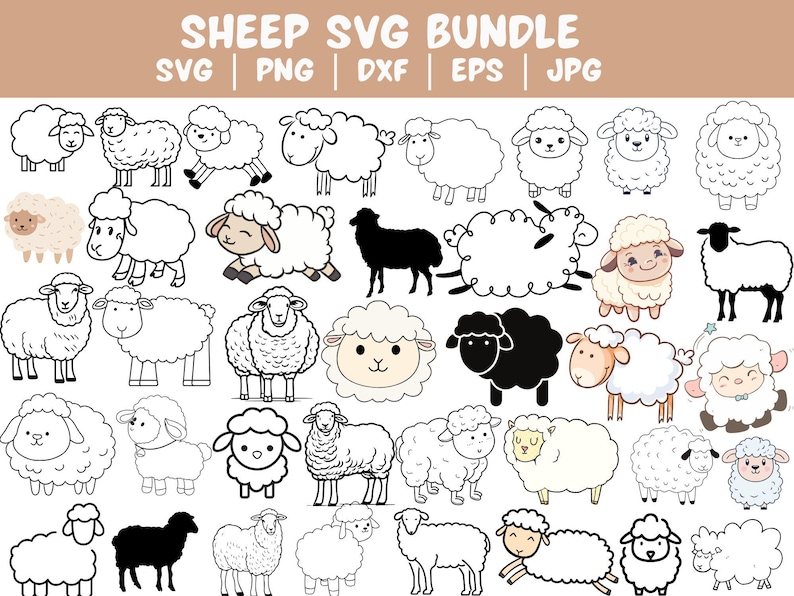 May include: A set of 30 black and white sheep SVG cut files. The sheep are in various poses, including standing, sitting, and lying down. The files are perfect for creating crafts, scrapbooking, and other projects.
