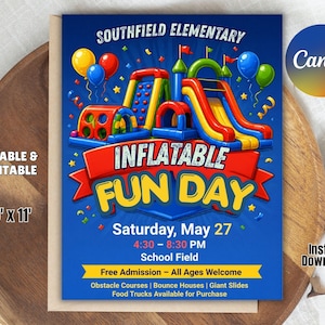 Könnte beinhalten: Blauer und roter Flyer für den Inflatable Fun Day der Southfield Elementary. Der Flyer zeigt aufblasbare Rutschen und Hindernisparcours mit dem Text "Inflatable Fun Day" und Veranstaltungsdetails. Der Flyer ist 21,59 cm x 27,94 cm groß.