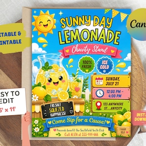 Könnte beinhalten: Ein Flyer für einen Sunny Day Lemonade Wohltätigkeitsstand mit einer lächelnden Sonne, einer Limonadenkanne mit Gesicht und Text wie Sunday, July 21, 12:00 PM - 4:00 PM, 123 Anywhere St und 555-499-666, verziert mit gelben Zitronen und grünen Blättern.