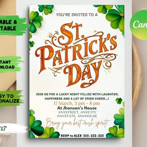 Könnte beinhalten: Eine Einladung zu einer St. Patrick's Day Party mit einem grünen Kleeblatt-Rand. Der Text lautet "Sie sind eingeladen zu einem St. Patrick's Day. Begleiten Sie uns zu einer glücklichen Nacht voller Lachen, Glück und viel irischem Jubel...!". Die Einladung enthält Datum, Uhrzeit, Ort und RSVP-Informationen.