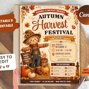 Könnte beinhalten: Ein bearbeitbarer 21,6 cm x 27,9 cm großer Flyer für ein Herbsterntefest mit einer Vogelscheuche, Kürbissen und Herbstblättern. Der Text enthält Veranstaltungsdetails, Datum, Uhrzeit, Ort und Aktivitäten wie Kürbisschnitzen.