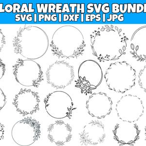 Könnte beinhalten: Ein Set mit 25 Schwarzweiß-SVG-Designs für Blumenkränze. Die Kränze bestehen aus einfachen Strichzeichnungen von Blättern und Blumen.
