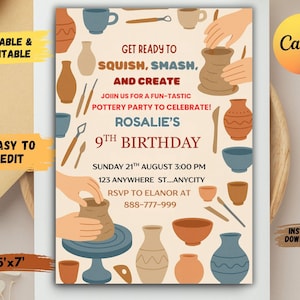 Puede incluir: Una invitación beige con ilustraciones temáticas de cerámica y texto. La invitación anuncia una fiesta de cerámica con las palabras "Get Ready to Squish, Smash, and Create". Incluye detalles para el 9º cumpleaños de Rosalie, fecha, hora e información de confirmación de asistencia. El tamaño es de 15,24 cm x 17,78 cm.