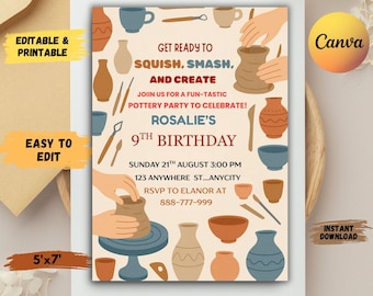 Invitación editable para fiesta de cumpleaños de arte de cerámica, invitación para fiesta de cumpleaños de pintura de alfarero, invitación móvil para cumpleaños de artista de pintura