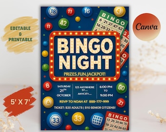 May include: A blue Bingo Night event flyer with a red and yellow marquee-style border around the text "BINGO NIGHT". The flyer includes bingo balls, cards, and event details. The flyer is 5' x 7' in size.