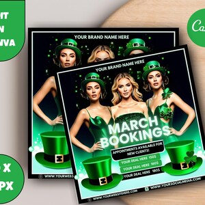 Könnte beinhalten: Ein grüner, weißer und schwarzer Social-Media-Beitrag zum Thema St. Patrick's Day mit drei Frauen in grünen Kleidern und Hüten. Der Text lautet "March Bookings" und "Termine für Neukunden verfügbar!" mit Preisen darunter.