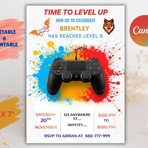 Könnte beinhalten: Eine druckbare Einladung mit einem schwarzen Gamecontroller, farbenfrohen Farbspritzern und dem Text "Time to Level Up". Die Einladung misst 12.7 cm x 17.78 cm und enthält Eventdetails. Das Canva-Logo ist sichtbar.