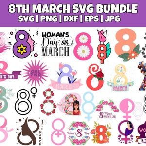 Könnte beinhalten: Eine Sammlung von SVG-Schnittdateien zum 8. März mit verschiedenen Designs der Zahl Acht, Blumen und den Texten "Frauentag" und "8. März".