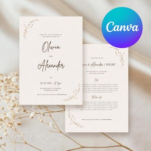 Può includere: Un invito di nozze dal design minimalista con un'illustrazione floreale e il testo "Join us to celebrate the marriage of Olivia and Alexander" su uno sfondo beige.