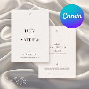 May include: A minimalist wedding invitation with a white background and brown text. The invitation reads "Lucy and Matthew" with the date "05.05.2025 at 2pm" and the location "XX Location St. Location, Location XXX XXX". The invitation also includes a small heart symbol.
