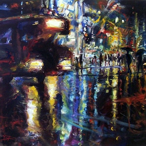 May include: A painting of a city street at night, with a bus in the foreground and people walking in the background. The street is wet from rain, and the reflections of the streetlights and the bus are visible in the puddles. The painting is done in a loose, impressionistic style, with bold strokes of color.