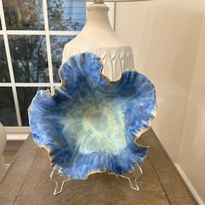 Ruffled Ceramic Bowl, Blue Handmade Stoneware Centerpiece, Wavy Edge Decorative Pottery Bowl for Coffee Table, Housewarming Gift
