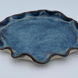 Handmade Blue Ceramic Platter: Coastal Stoneware Tray, Wavy Edge