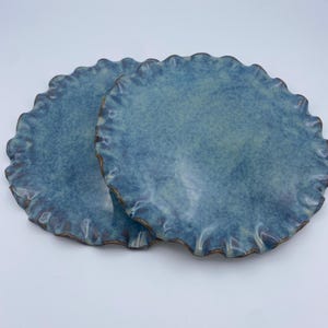 Handmade Blue Stoneware Serving Plates: Coastal Wavy Edge Pottery