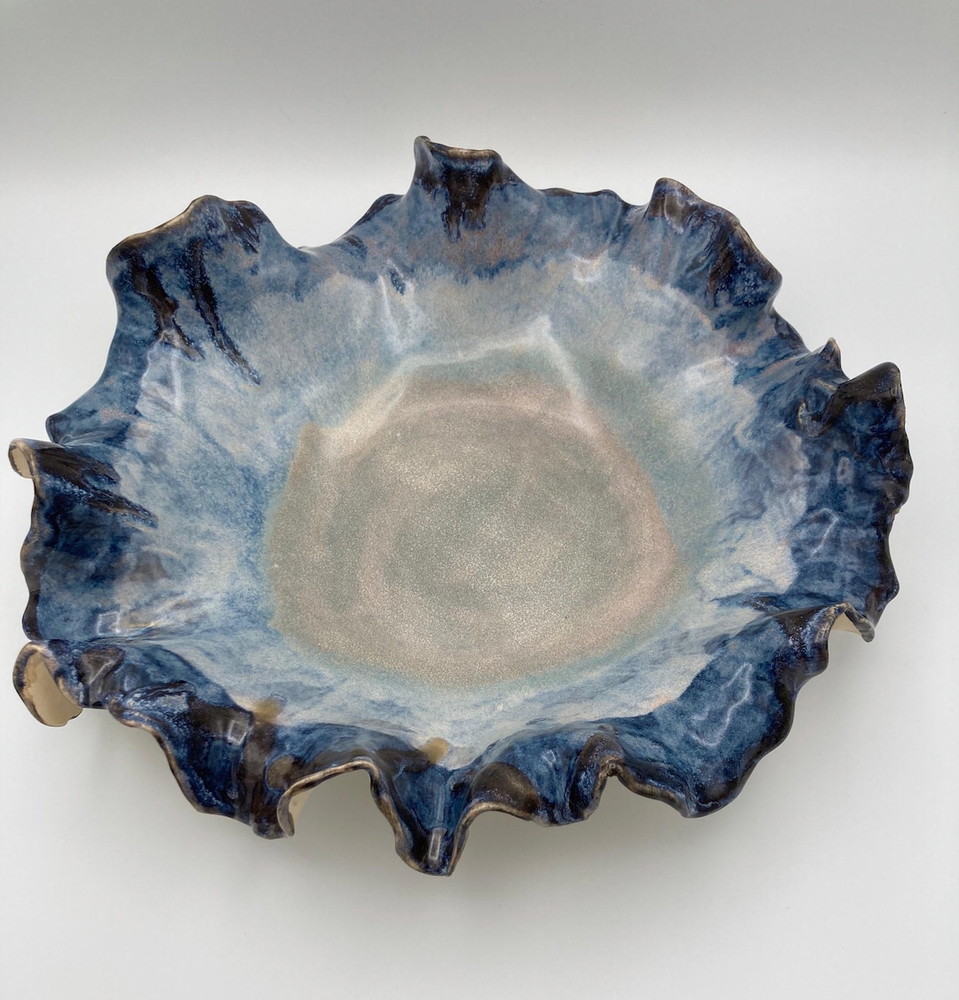 Large Wavy Ceramic Bowl | Blue Ruffle Bowl | Handmade Pottery ...