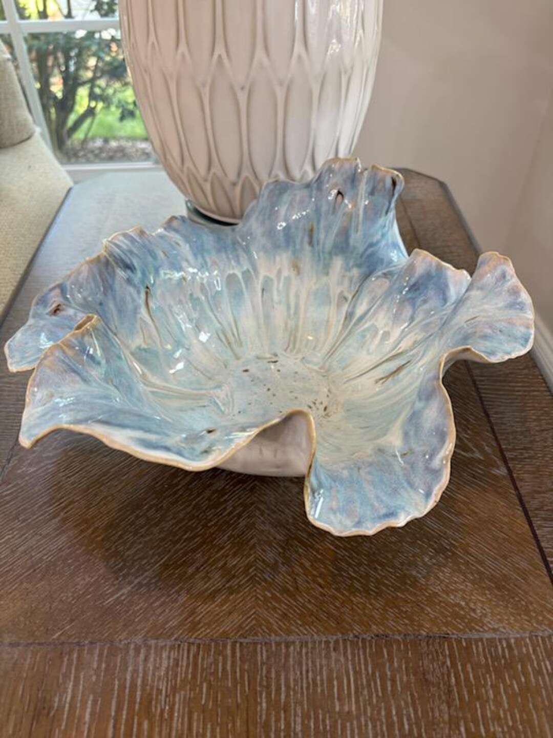 Ruffled Ceramic Serving Bowl: Marbled Blue Cream Pottery, Coastal Decor ...